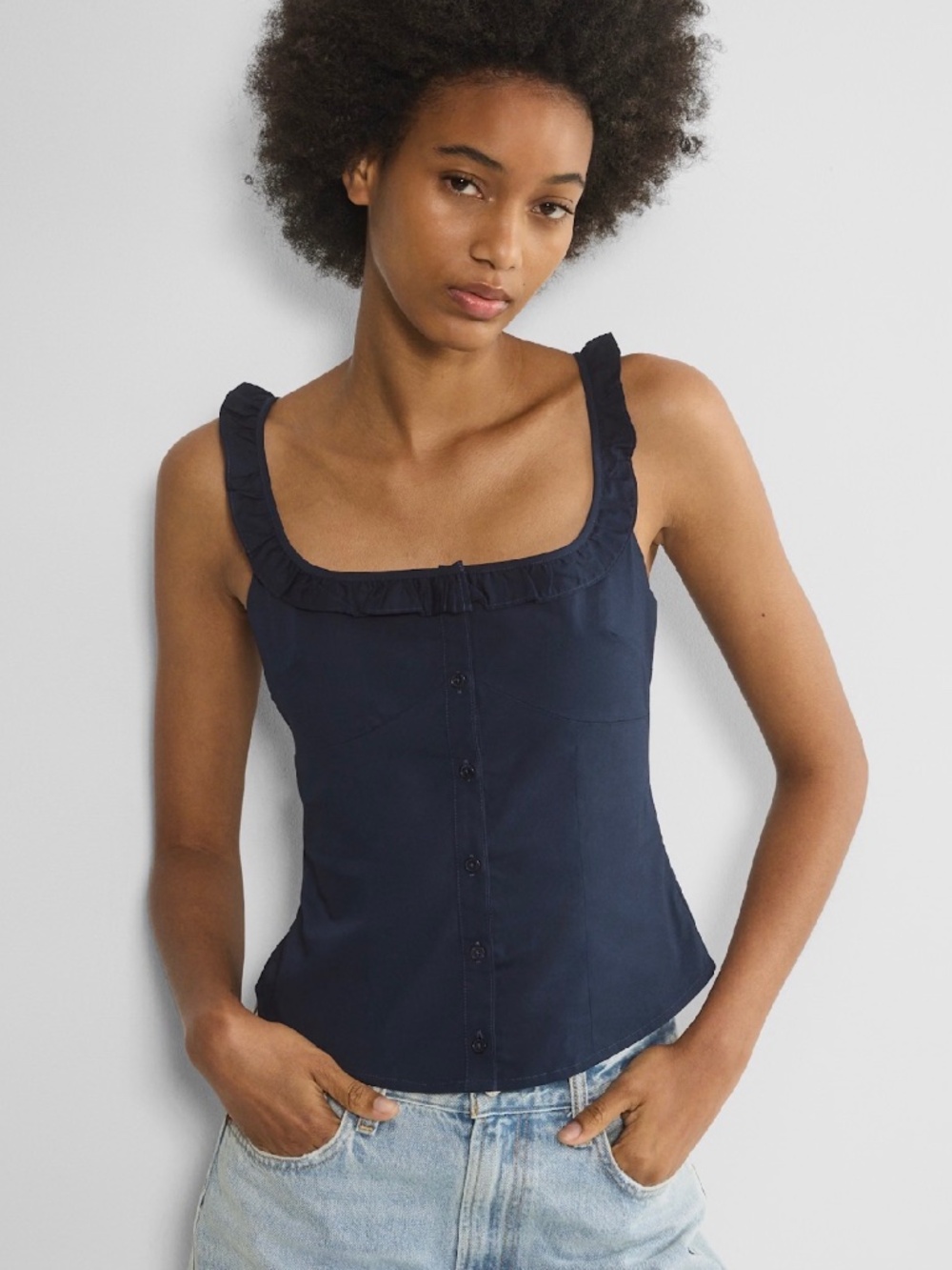 Sunday Best Navy Poplin Ruffle Top - XS NWT
